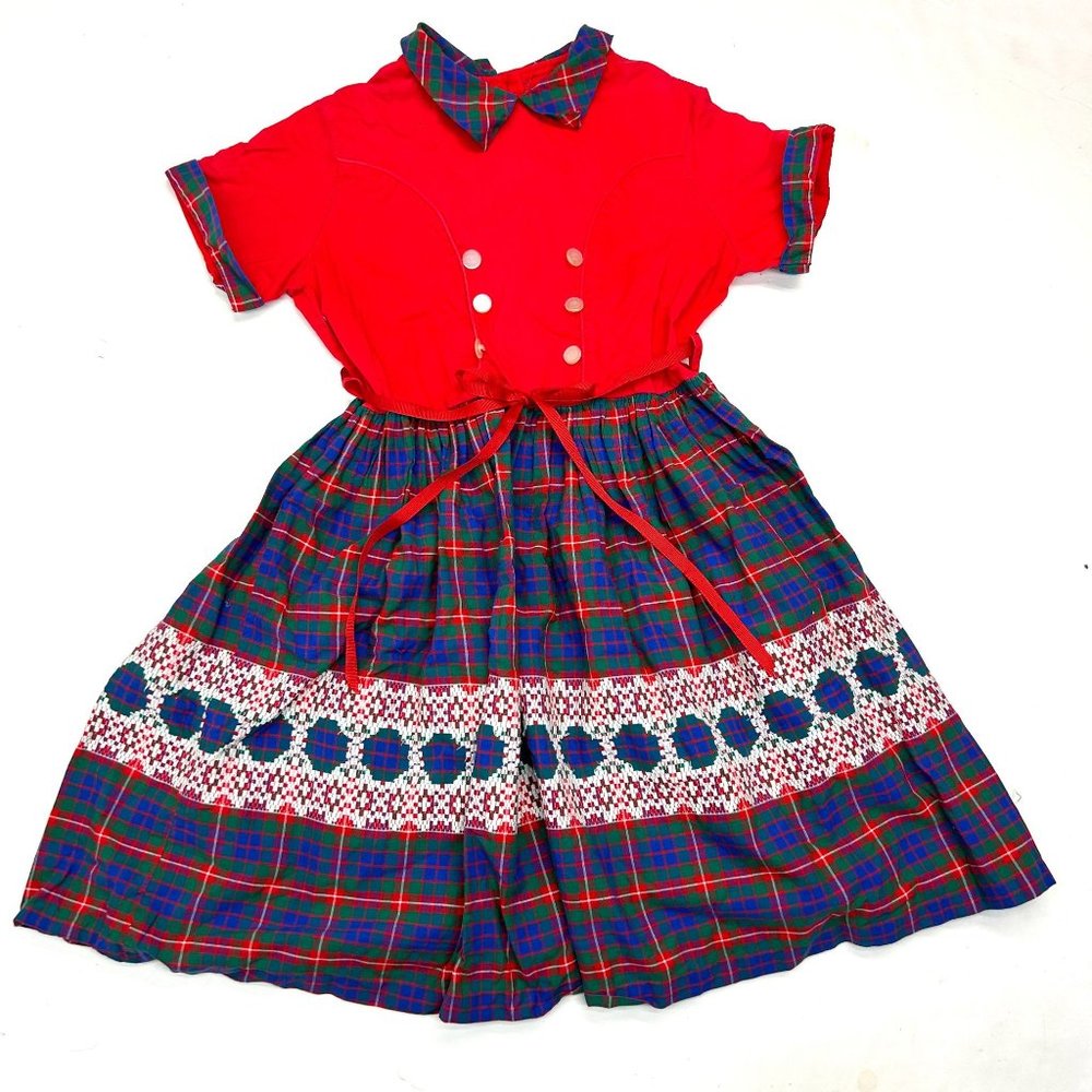 Vintage 50s 60s Christmas Holiday Flare Dress Sz 7-8 Girls Red Blue Plaid